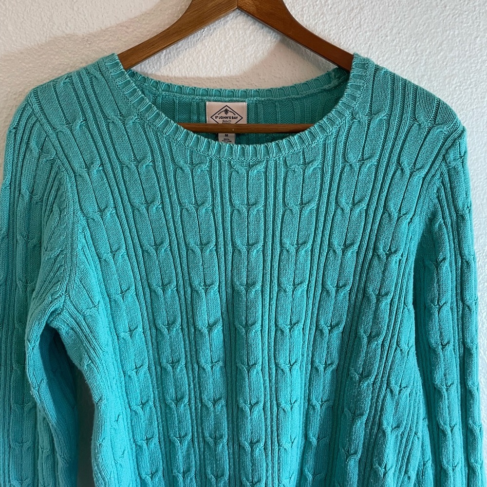 St. John’s Bay Teal Cotton Cable Knit Sweater Size M - Picture 2 of 5